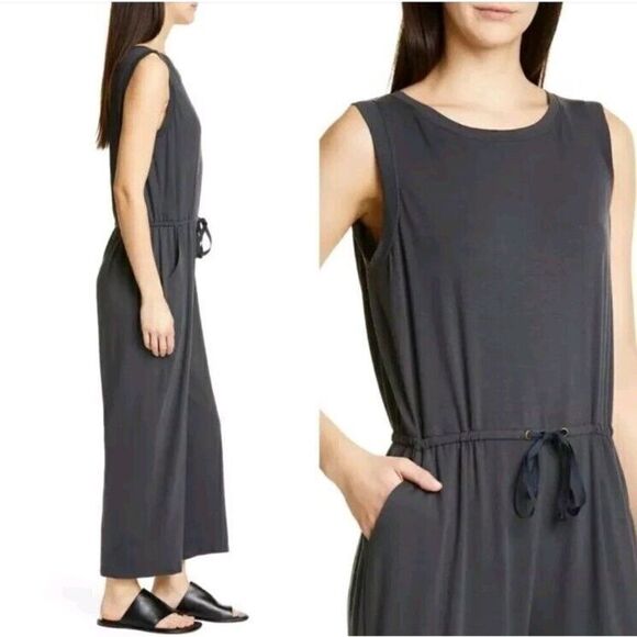 Eileen Fisher Size Large Graphite Tencel Stretch Drawstring Jumpsuit - Picture 1 of 8